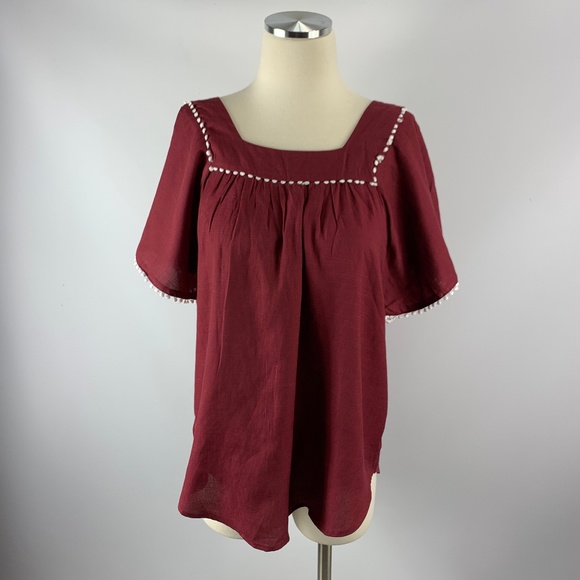 RETHM Small Blouse Boho Crimson Rayon Poms - Picture 1 of 5